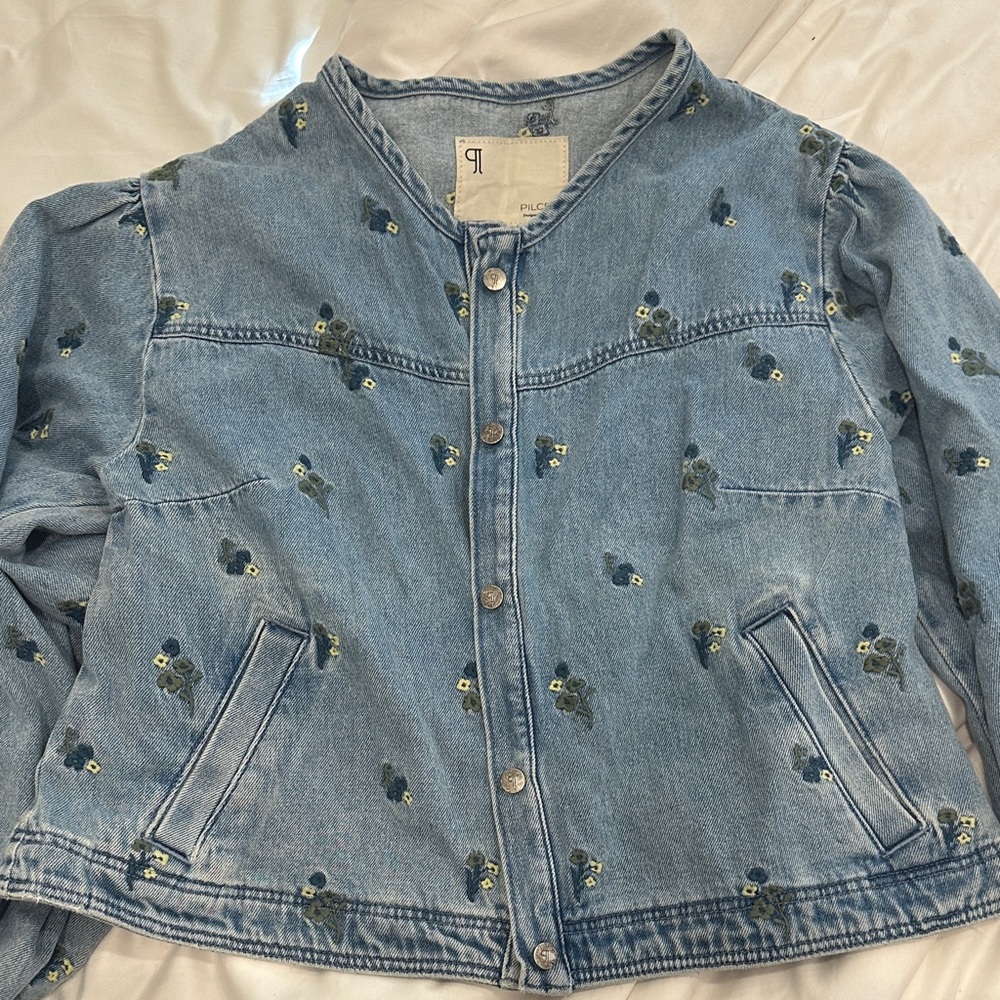 NWT Anthropologie Floral Denim Embroidered Jacket XL
